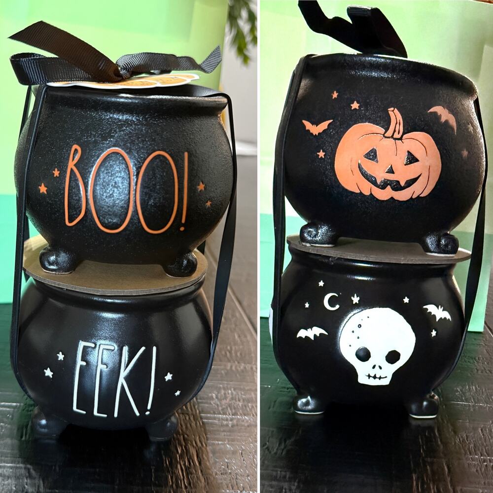 NWT Rae Dunn Halloween Cauldron Black Textured Skull Pumpkin